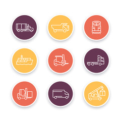 Transportation line icons, forklift, cargo ship, train, cargo truck, transit, transportation pictograms, color round icons set, vector illustration