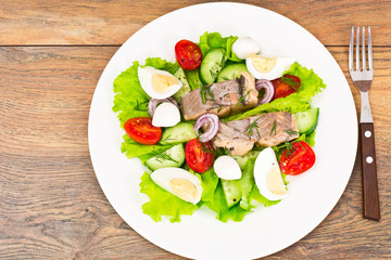 Salad with Lettuce, Tomatoes, Cucumbers and Canned Tuna