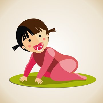 Un beb&eacute; con chupete jugando de rodillas en el suelo. Ilustraci&oacute;n vectorial
