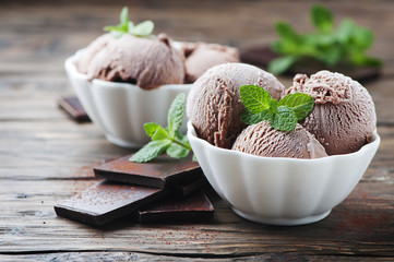 Sweet chocolate ice cream with mint