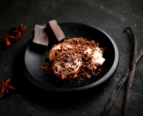 balls ice cream, vanilla sticks  , anise and chocolate on a dark background