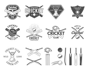 Set of vector cricket sports logo designs. Cricket icons vector set. Cricket emblems design elements. Sporting tee designs. Cricket club badges. Isolated cricket gear, equipment for web or t-shirt