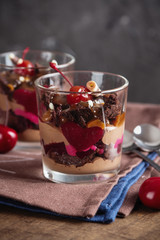 Chocolate and cherry dessert in glass
