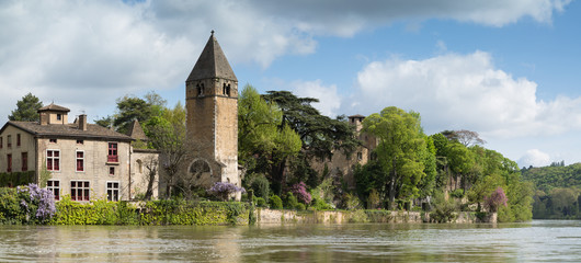 Panorama of the green island Ile Barbe in the Saone, in the 9th arrondissement of Lyon.