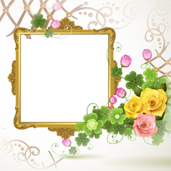 Golden frame with roses on white background