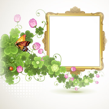 Golden frame with roses on white background