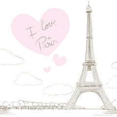 Fototapeta na wymiar Line drawing illustration of Eiffel Tower background with big heart and text saying I love Paris