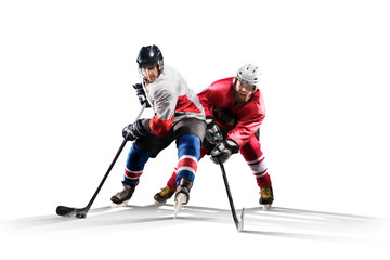 Professional hockey player skating on ice Isolated in white