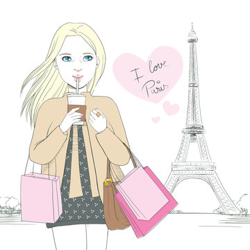 Attractive blonde woman drinking coffee in front of Eiffel Tower at Paris with pink heart and text saying I love Paris