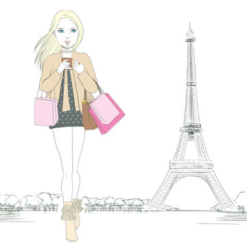 Beautiful woman walking while drinking coffee and holding shopping bags at Paris with Eiffel Tower at background