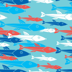 Hand drawn marine seamless pattern with colorful fish