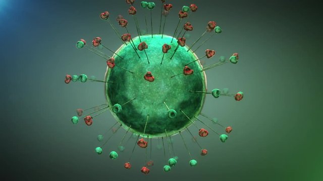 Moving green colored virus cell with green and red wiggling tentacles