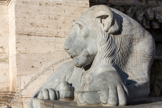 Lion statue spitting water in The Fountain of Moses in Rome,Italy