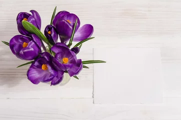 Papier Peint photo Crocus bouquet from crocus flowers in vase  on white wooden table with