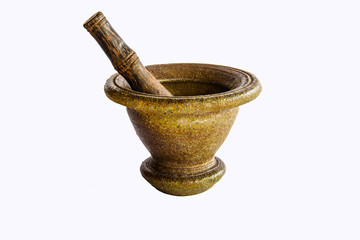 Stone mortar and pestle on white background.