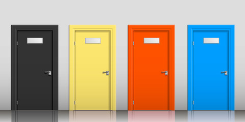 The doors of different colors with signs on a gray wall