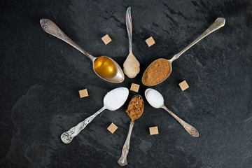 Fototapeta na wymiar Different Kinds of Sugar in the Spoons