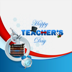Happy Teacher's Day template with 3d text decorated with top hat, bow tie and smoking pipe