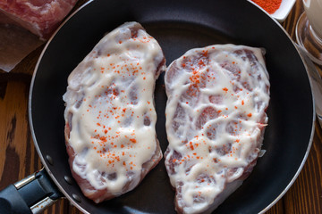 pieces of raw meat with spices in a pan
