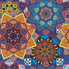 Seamless round pattern for printing on fabric or paper. Hand drawn background. Colored indian ornament. Vector illustration. Elements for your design.  
