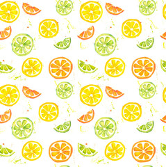 Seamless watercolor  citrus pattern. Lemon, orange and lime.
Summer fruit background.