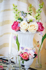 Parts of decorative composition near table. Bridal wedding style