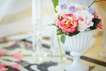 Parts of decorative composition near table. Bridal wedding style