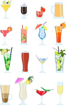 Set of different types of alcohol coctails and other drinks isolated on white background in flat style. Vector illustration. Collection of alcoholic and non-alcoholic drinks and cocktails.