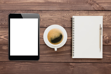 tablet coffee and book blank on wood tablet