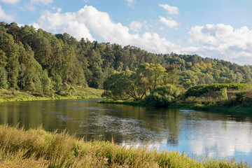 Fototapeta na wymiar Wide river in green banks overgrown with woods