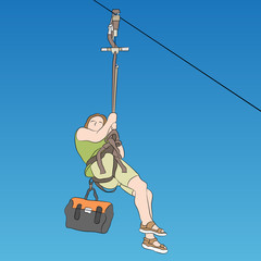 Naklejka premium Female zip line rider side view