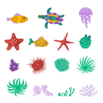 Vector set of sea marine fish, animals, plants