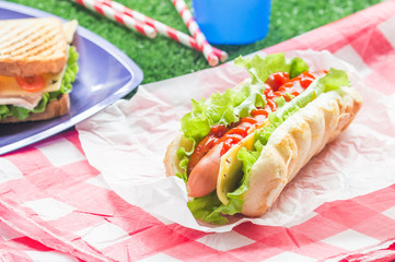 Hotdog with big sausage and fresh lettuce