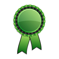 Green and black award rosette with ribbon