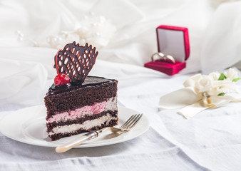 piece of chocolate wedding cake