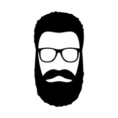 Hipster man. Hairstyle, beard and glasses  in flat style. Black Fashion silhouette hipster icon isolated on white background. Vector Illustration