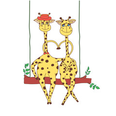 Fototapeta na wymiar Card for Valentines Day Couple embracing giraffe on swing