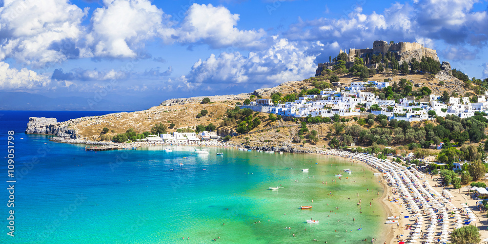 Wall mural panoramic view of  Lindos bay, village and Acropolis, Rhodes, Gr