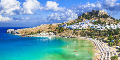panoramic view of  Lindos bay, village and Acropolis, Rhodes, Gr - obrazy, fototapety, plakaty