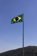 The National Flag of Brazil in blue sky background, vertical
