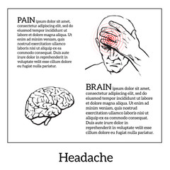 Picture a man with a headache, vector illustration sketch of a man who holds his hand to his head, pain in the head of a man, the concept of sickness or disease in the human brain