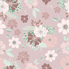 Doodle flowers seamless pattern. Zentangle style flowers and leaves background. Hand drawn herbal pattern.