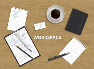 Realistic vector design illustration of modern business office and workspace. Top view of desk background. Workspace illustration.