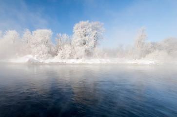 Obraz na płótnie Canvas winter trees covered with frost and fog on the river