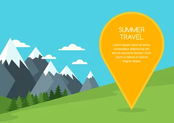 Poster Summer or spring mountains landscape, vector background. Pin mapping mark with place for text. Nature background with green meadow, pine forest, mountains, travel marker. Travel and tourism concept. © Betelgejze