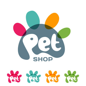 Vector logo, emblem, label design elements for pet shop, zoo shop, pets care and goods for animals. Hand drawn lettering in paw shape. Pet store signboard concept with.

