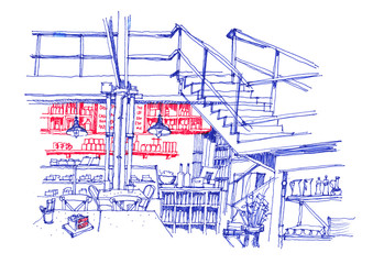 cafe coffee shop interior line hand drawing