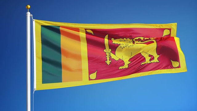 Sri Lanka flag waving in slow motion against clean blue sky, seamlessly looped, close up, isolated on alpha channel with black and white luminance matte, perfect for film, news, digital composition