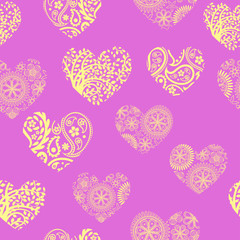 Seamless pattern with pastel yellow hearts on lavender background