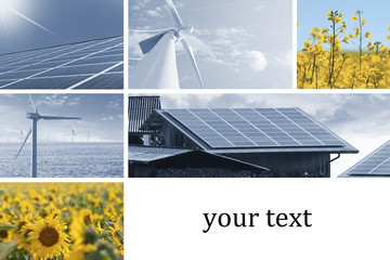 Collage von alternativen Energien mit Windkraftwerk, Solarzelle, Sonnenblumen und Raps Blüten für...